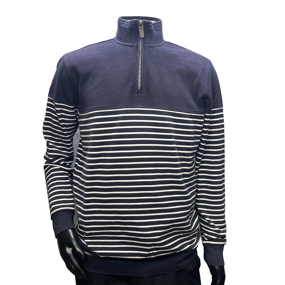 Chaps Mens L Navy White Striped Quarter Zip Pullover Sweatshirt Preppy Classic